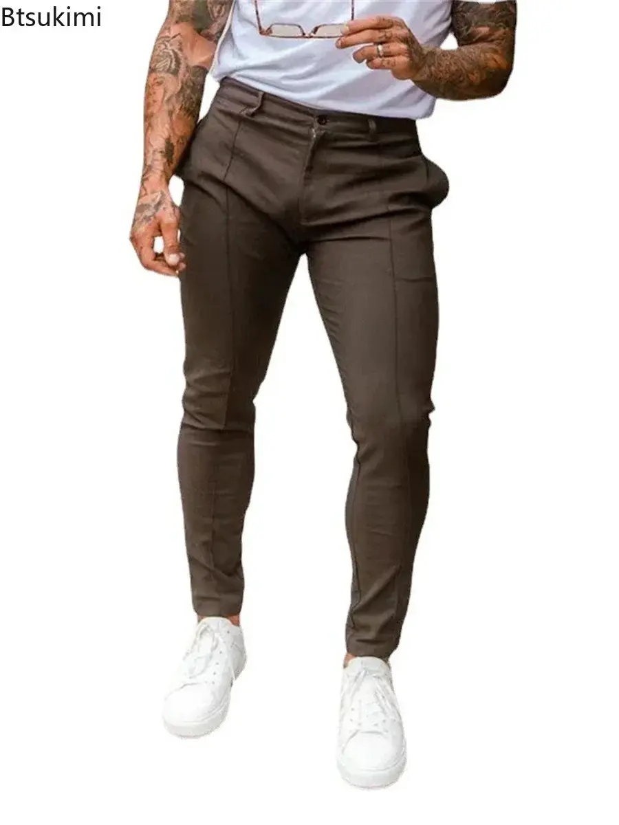 2025 Men's Solid Color Slim Long Pants Fashion New Business Casual Trousers Daily Wear Simple Breathable Pencil Pants for Male
