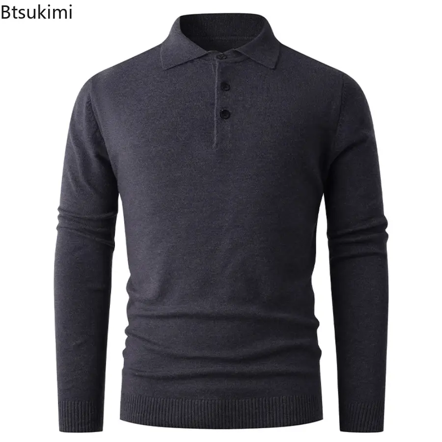 2025 Men's Autumn Winter New Knitted T-shirt Middle-aged Casual Long Sleeved Pullover Fashionable Solid Lapel Knitted Sweater
