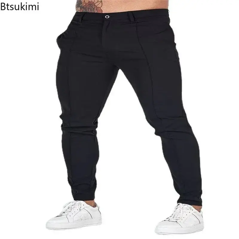 2025 Men's Solid Color Slim Long Pants Fashion New Business Casual Trousers Daily Wear Simple Breathable Pencil Pants for Male