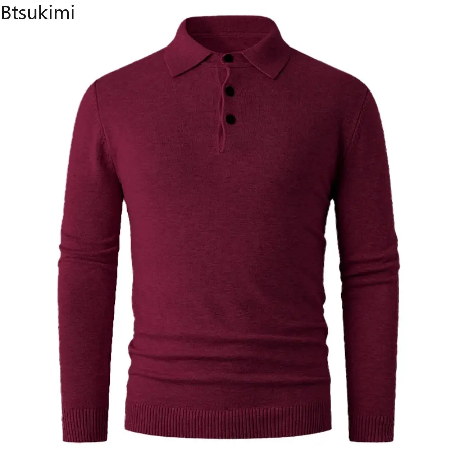 2025 Men's Autumn Winter New Knitted T-shirt Middle-aged Casual Long Sleeved Pullover Fashionable Solid Lapel Knitted Sweater