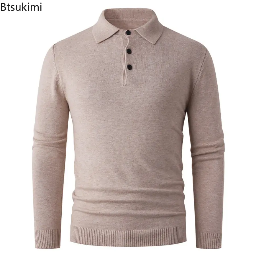 2025 Men's Autumn Winter New Knitted T-shirt Middle-aged Casual Long Sleeved Pullover Fashionable Solid Lapel Knitted Sweater