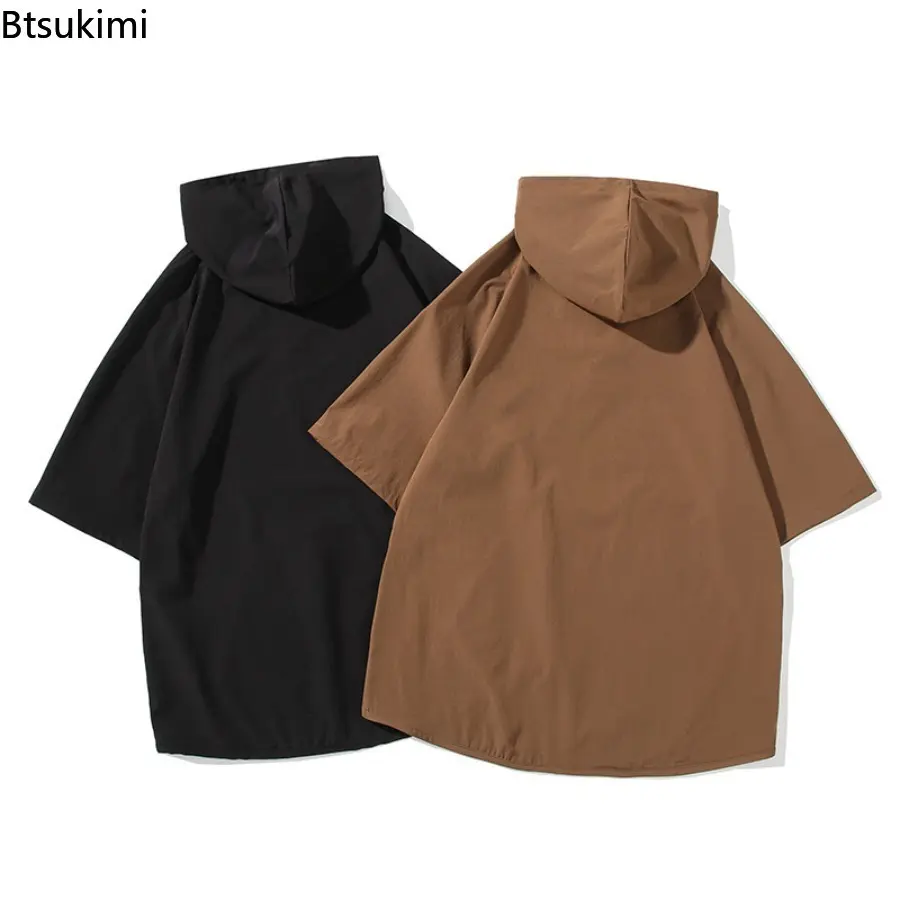 New 2025 Summer Men's Ice Silk Hooded Drawstring Black Solid Color Spliced Pockets High Street Loose Half Sleeve Tops T-shirt