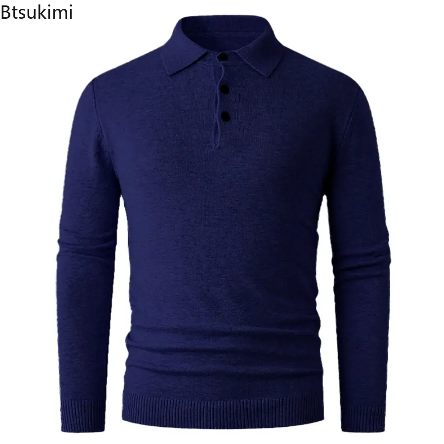 2025 Men's Autumn Winter New Knitted T-shirt Middle-aged Casual Long Sleeved Pullover Fashionable Solid Lapel Knitted Sweater