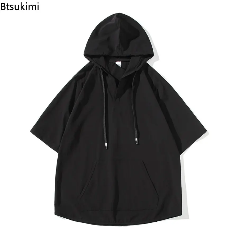 New 2025 Summer Men's Ice Silk Hooded Drawstring Black Solid Color Spliced Pockets High Street Loose Half Sleeve Tops T-shirt