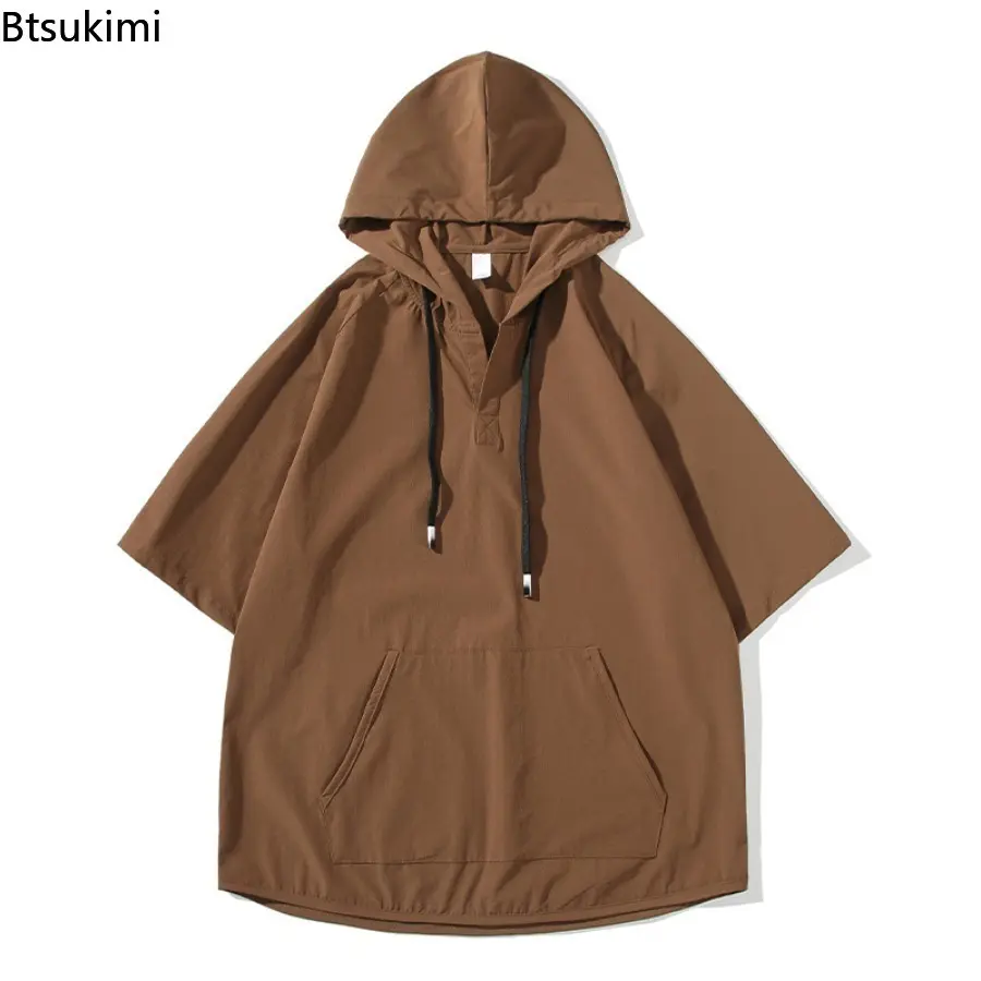New 2025 Summer Men's Ice Silk Hooded Drawstring Black Solid Color Spliced Pockets High Street Loose Half Sleeve Tops T-shirt