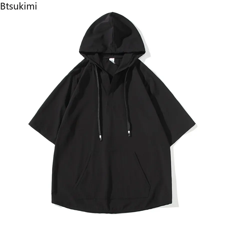 New 2025 Summer Men's Ice Silk Hooded Drawstring Black Solid Color Spliced Pockets High Street Loose Half Sleeve Tops T-shirt