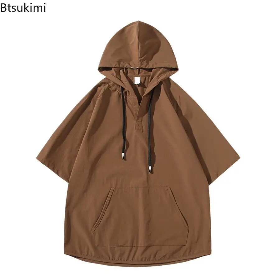 New 2025 Summer Men's Ice Silk Hooded Drawstring Black Solid Color Spliced Pockets High Street Loose Half Sleeve Tops T-shirt