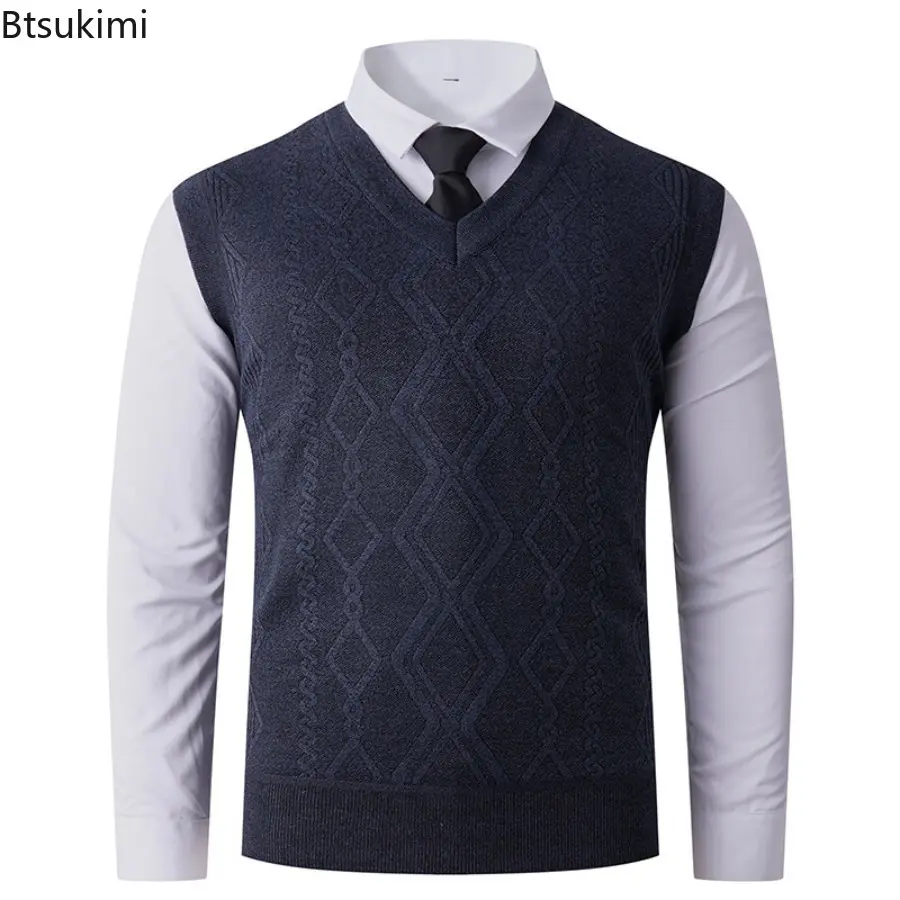 Autumn Winter Warm Slim Fit Knit Vests Men V-Neck Solid Color Smart Casual Knitted Waistcoat Mens Geometric Sleeveless Knit Vest
