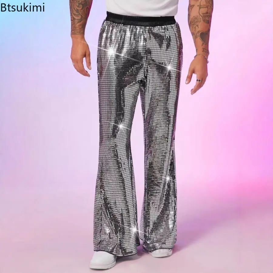 New 2025 Spring and Summer Men's Golden Silver Color Sequined Long Trumpet Pants Party Stage Performance Casual Trousers for Men
