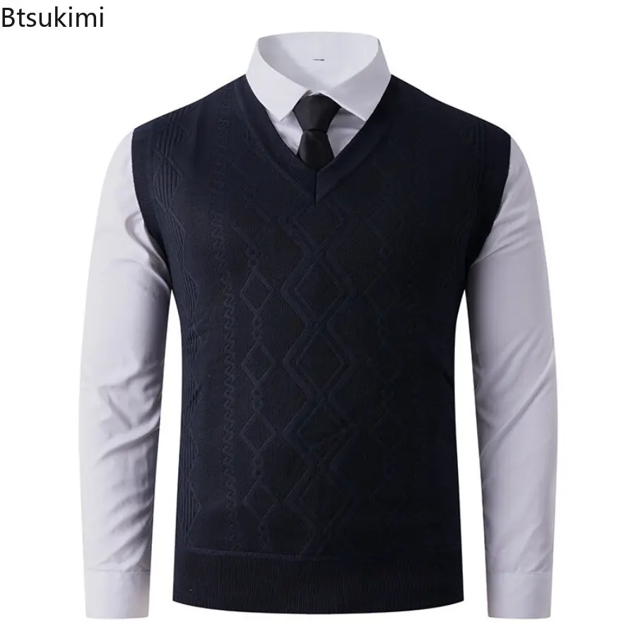 Autumn Winter Warm Slim Fit Knit Vests Men V-Neck Solid Color Smart Casual Knitted Waistcoat Mens Geometric Sleeveless Knit Vest