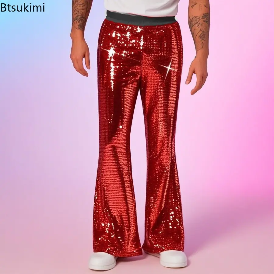 New 2025 Spring and Summer Men's Golden Silver Color Sequined Long Trumpet Pants Party Stage Performance Casual Trousers for Men