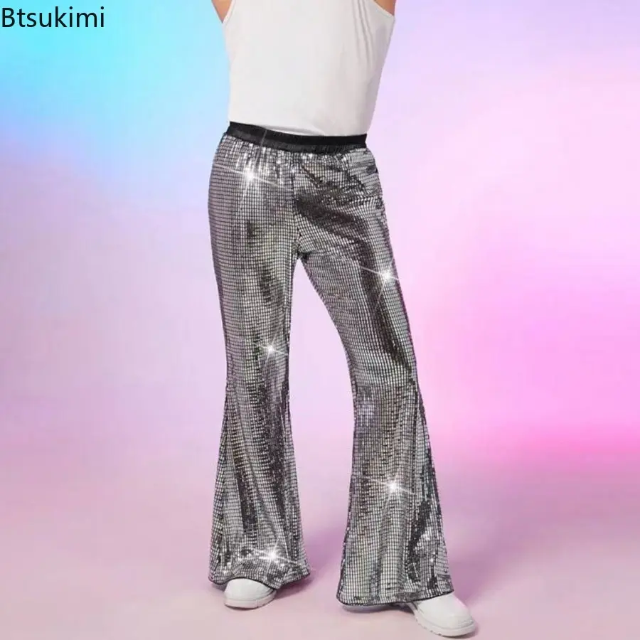 New 2025 Spring and Summer Men's Golden Silver Color Sequined Long Trumpet Pants Party Stage Performance Casual Trousers for Men
