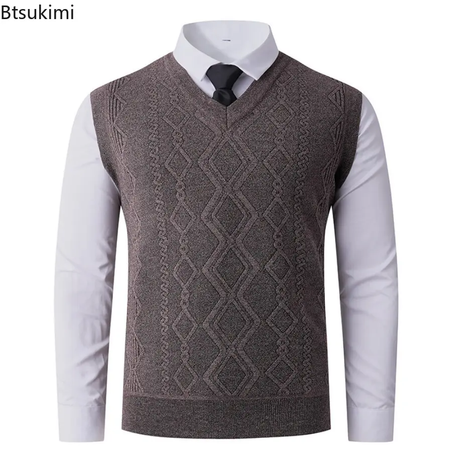Autumn Winter Warm Slim Fit Knit Vests Men V-Neck Solid Color Smart Casual Knitted Waistcoat Mens Geometric Sleeveless Knit Vest