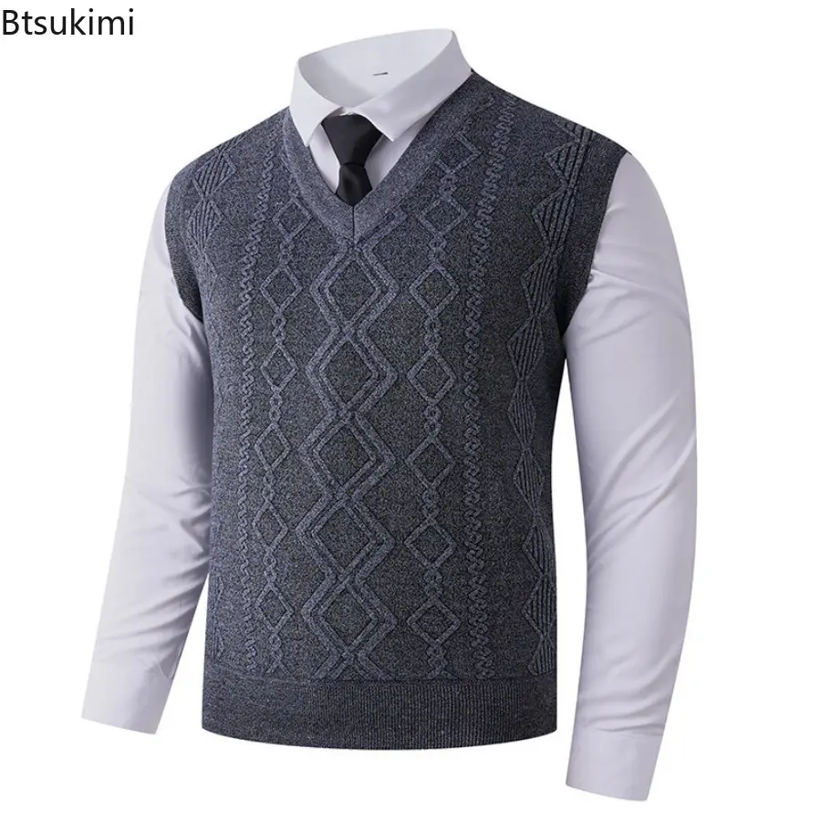 Autumn Winter Warm Slim Fit Knit Vests Men V-Neck Solid Color Smart Casual Knitted Waistcoat Mens Geometric Sleeveless Knit Vest