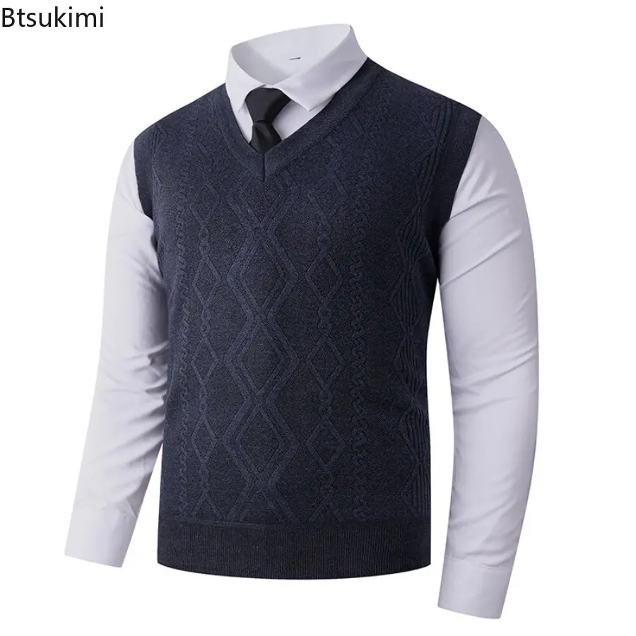 Autumn Winter Warm Slim Fit Knit Vests Men V-Neck Solid Color Smart Casual Knitted Waistcoat Mens Geometric Sleeveless Knit Vest