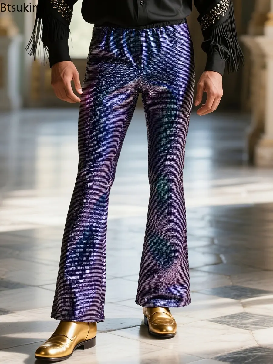 New 2025 Spring and Summer Men's Golden Silver Color Sequined Long Trumpet Pants Party Stage Performance Casual Trousers for Men