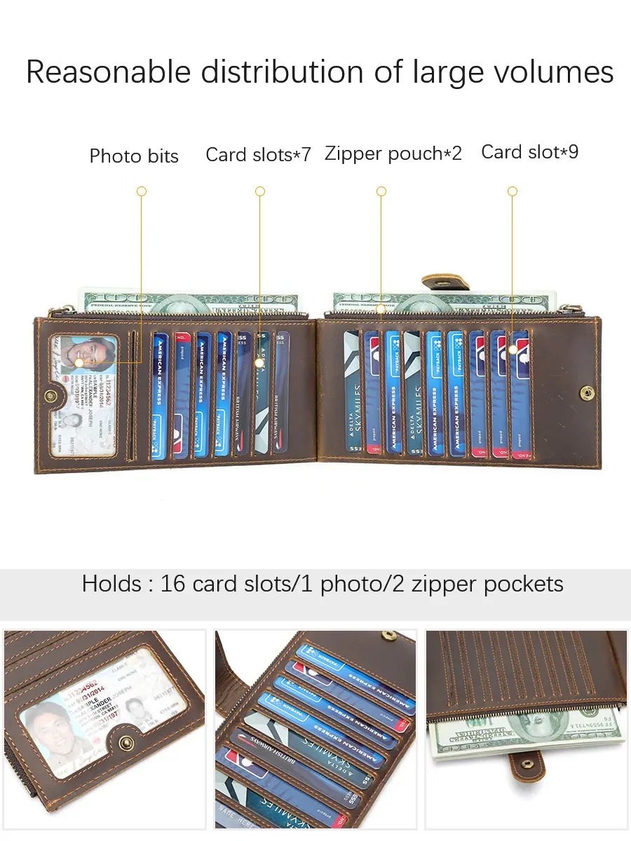 Men's Card Holder Vintage Clutch Bag Genuine Leather Multi-card Card Holder Large Capacity Fashion Long Zipper Wallet