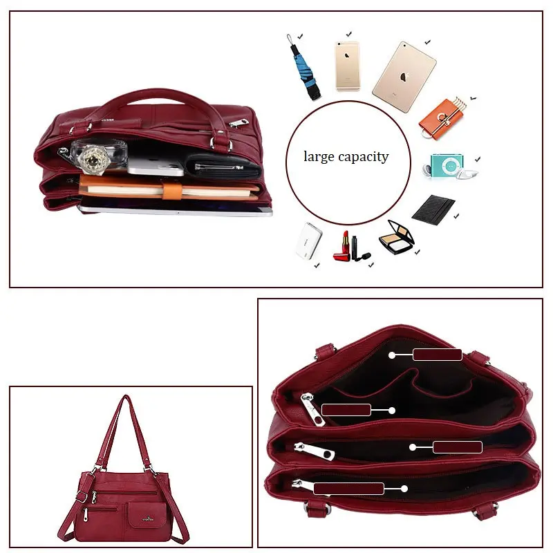  Women Handbags Vintage Shoulder Purse Bag Multi-pocket Large Capacity Casual Tote Shopping Pack for iPad Phone LP16243