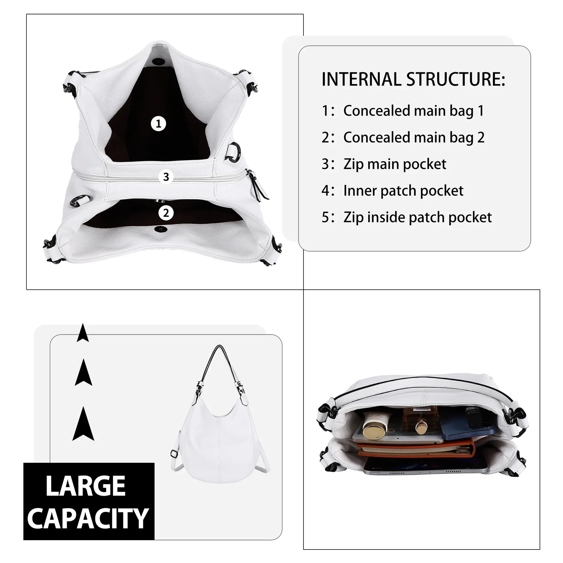 Women Bag PU Fashion Tote Top-handle Handbag Multiple Pockets Satchel Large Ladies Shoulder Hobo Crossbody Bag Purse