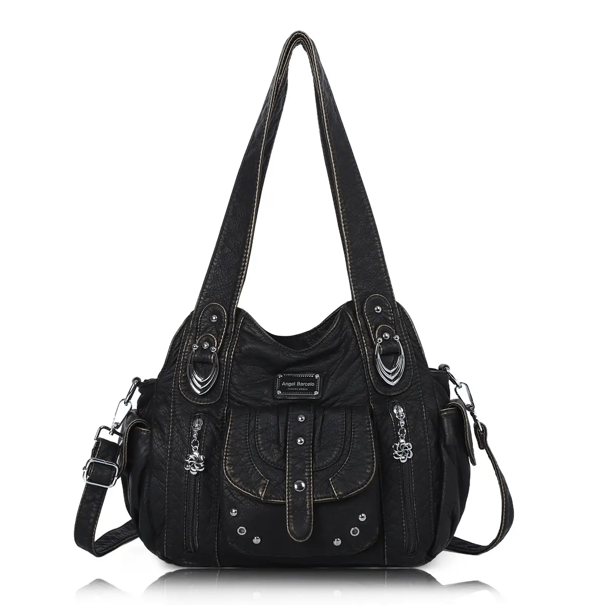  Handbag Fashion PU Shoulder Bag Casual Black Hobo Handbag Satchel Large Vintage Women's Bag Cell Phone Pocket Purse