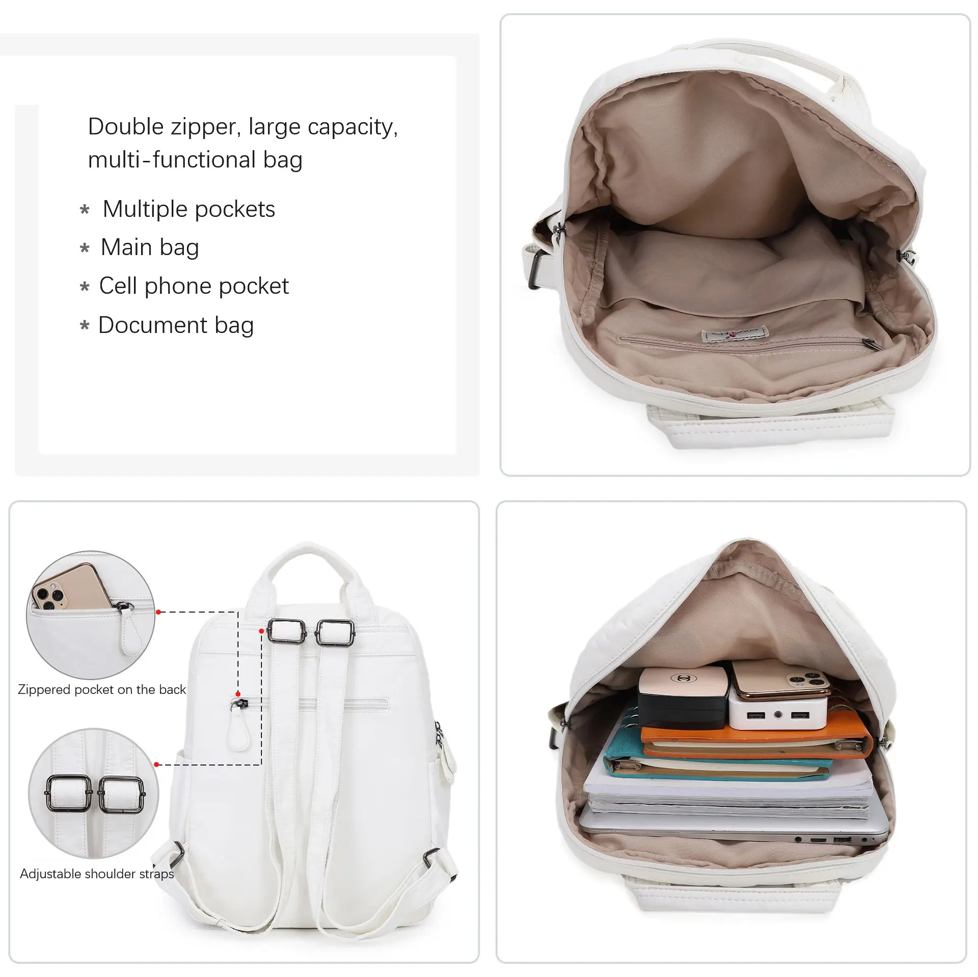  Women's School Bag Large Backpack Solid Color Student Multi-pocket Fashion Travel Large Backpack back to school