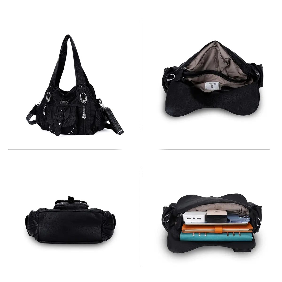  Handbag Fashion PU Shoulder Bag Casual Black Hobo Handbag Satchel Large Vintage Women's Bag Cell Phone Pocket Purse