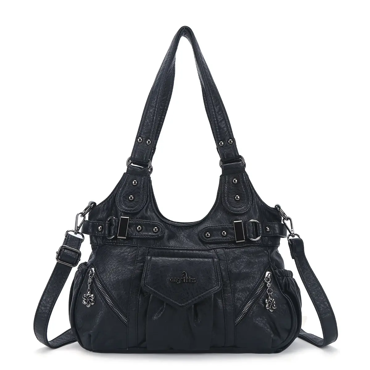 Angelkiss Bag Women Handbags Large Satchel Top-handle Handbag PU Shoulder Bag Fashion Locomotive Bag Multi-pockets Crossbody Bag