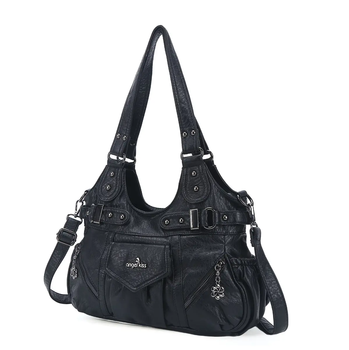 Angelkiss Bag Women Handbags Large Satchel Top-handle Handbag PU Shoulder Bag Fashion Locomotive Bag Multi-pockets Crossbody Bag