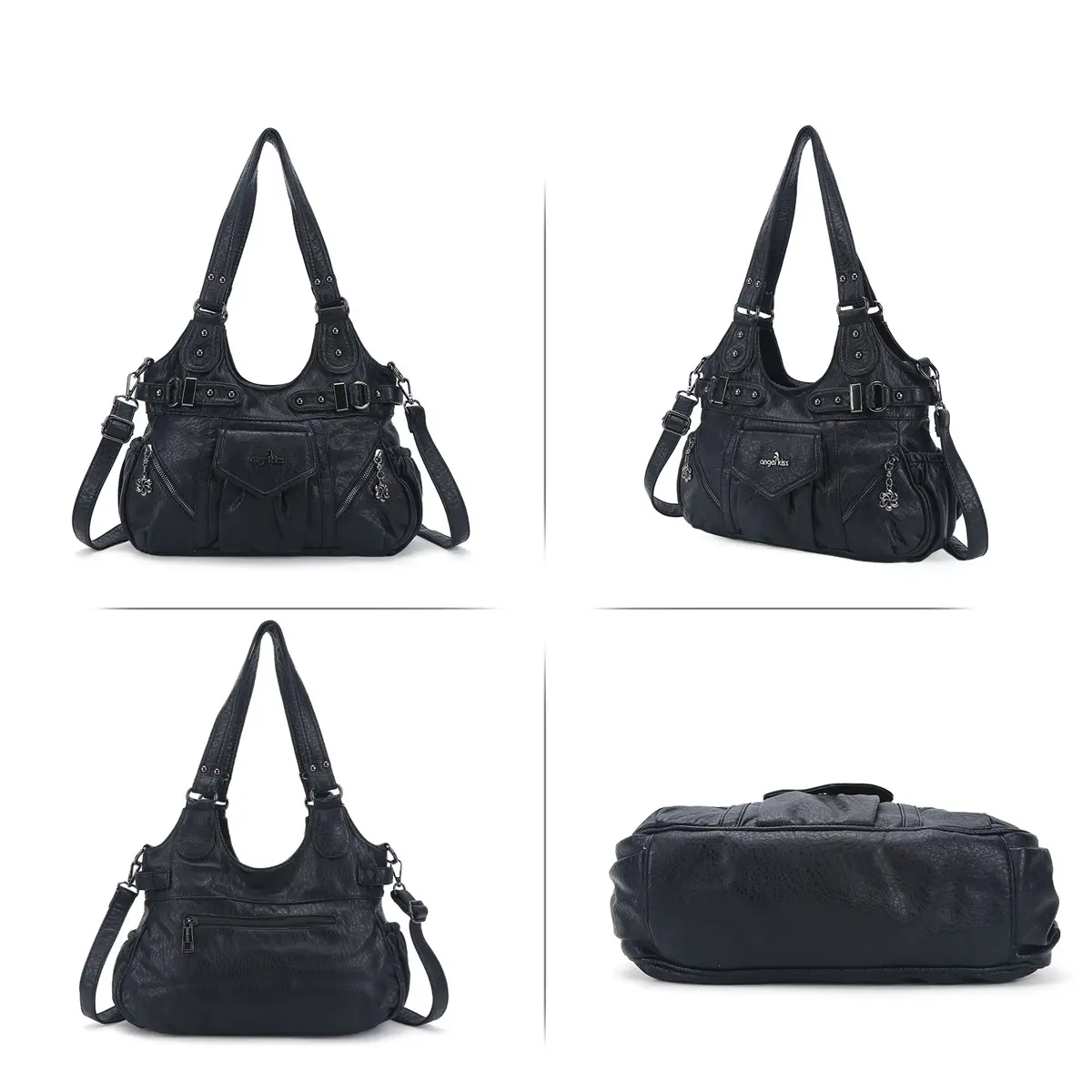Angelkiss Bag Women Handbags Large Satchel Top-handle Handbag PU Shoulder Bag Fashion Locomotive Bag Multi-pockets Crossbody Bag