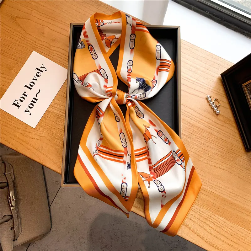Luxury Long Silk Scarf Female Animal Horse Print Thin Narrow Scarf Bag Hair Band Ribbon Scarfs Women Neckerchief