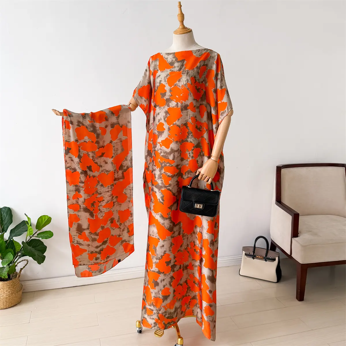 NEW Fashion Summer Dress With Big Scarf Dubai Turkey Kaftan Muslim Loose Abaya Women African Casual Little Flower Shawl Robe