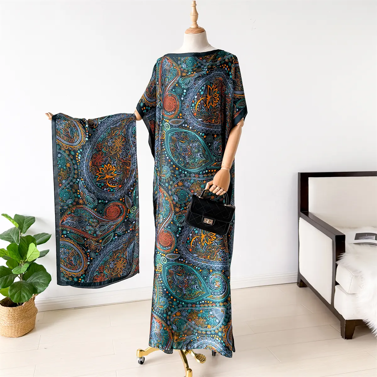 NEW Fashion Summer Print Dress With Big Scarf Dubai Turkey Kaftan Muslim Loose Abaya Women African Casual Paisley Shawl Robe
