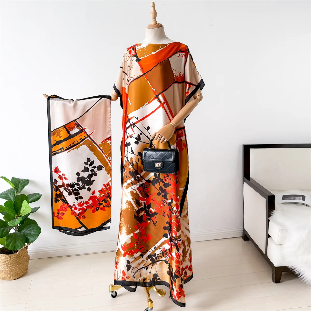 NEW Fashion Summer Print Dress With Big Scarf Dubai Turkey Kaftan Muslim Loose Abaya Women African Casual Paisley Shawl Robe