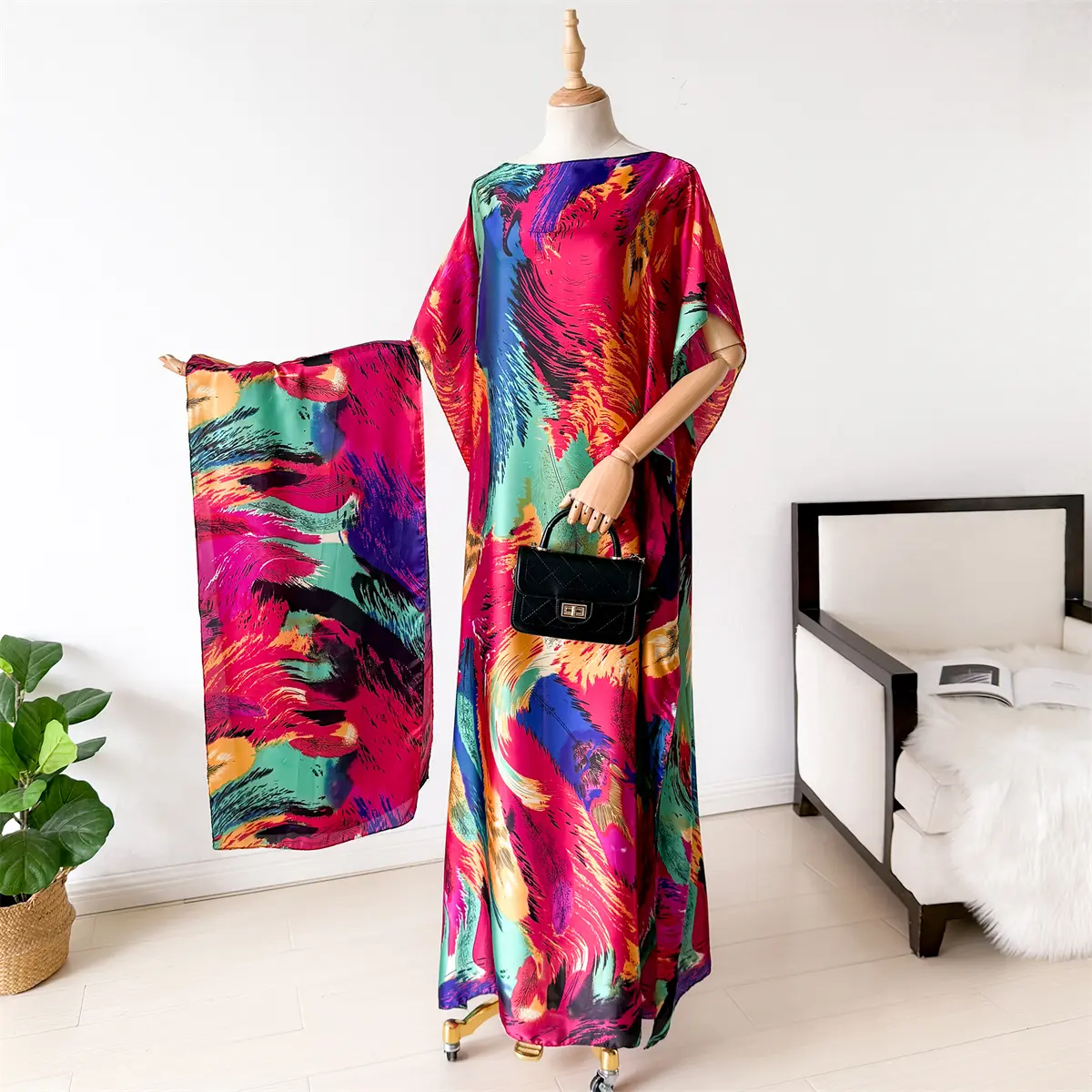 New 2025 African Abaya For Women Summer Short Sleeve Cotton Dress Print Gold Stamping Loose Lady Maxi Dress With Big Scarf