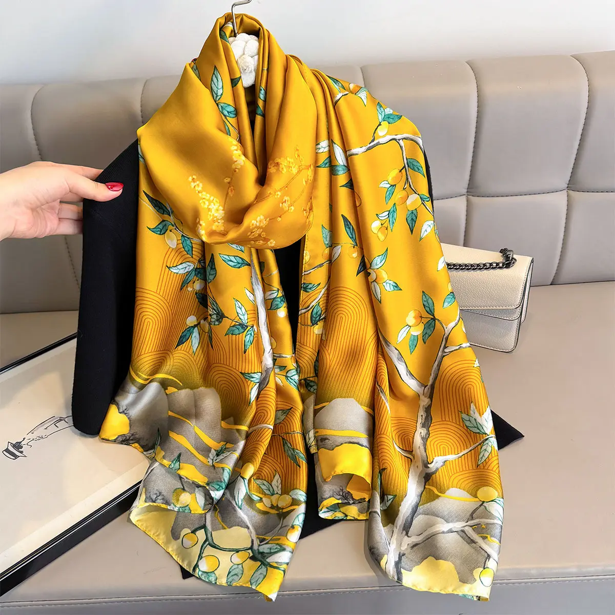 Luxury Brand Women Summer Silk Scarves Shawls Lady Wraps Soft Female Beach Yellow Stole Bandanna Foulard Muffler Scarf