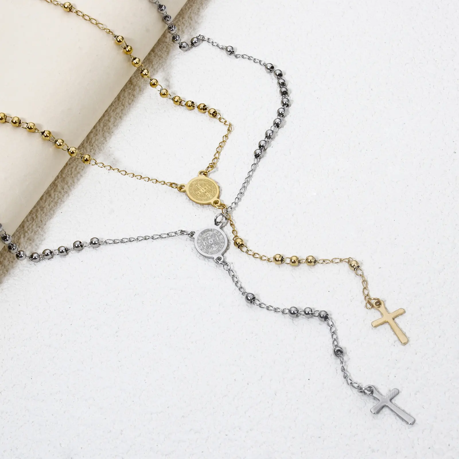 1 Piece Religious 304 Stainless Steel Prayer Beads Rosary Necklace Cross Pendant For Women Jewelry Gifts 52cm(20.5") long