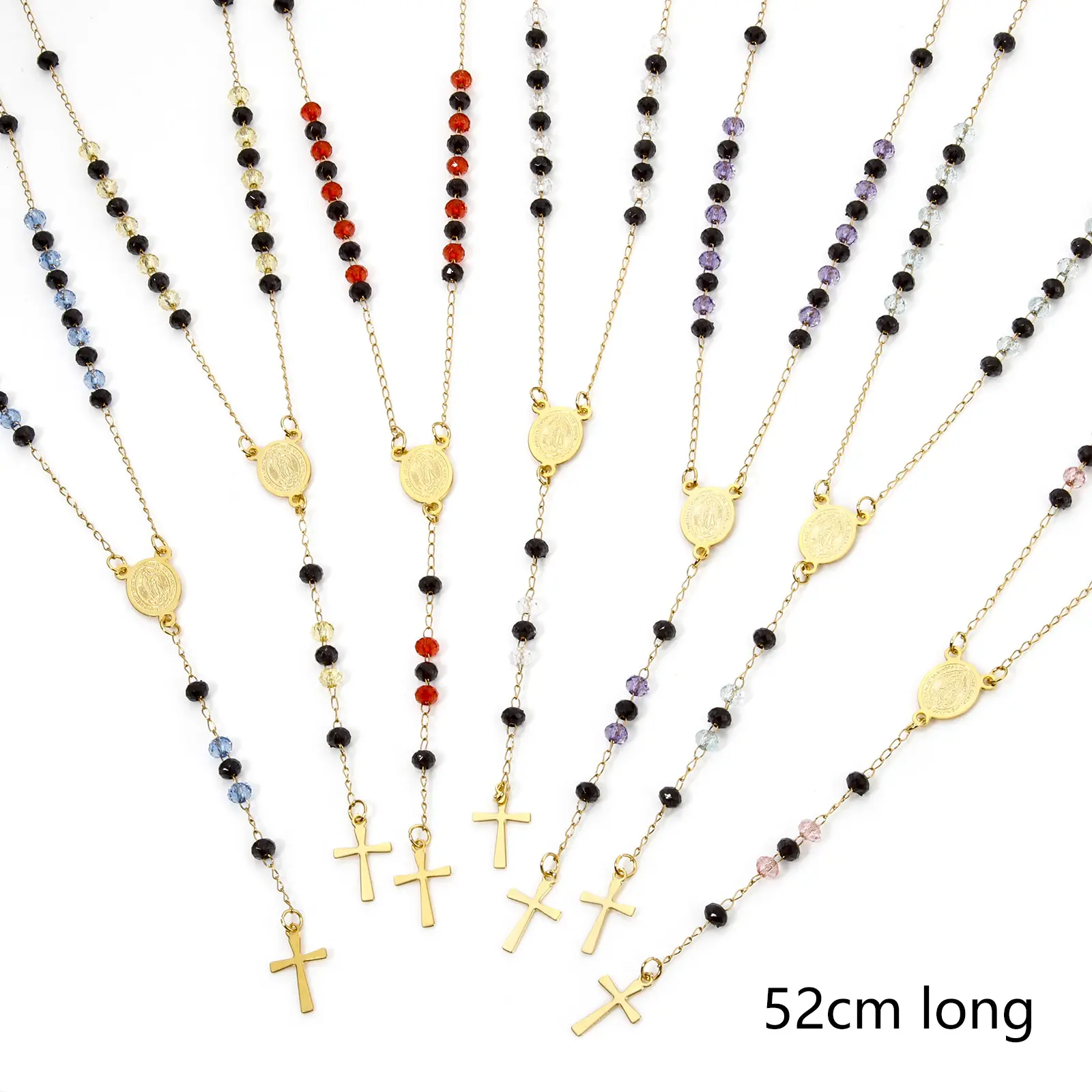 304 Stainless Steel Religious Prayer Beads Rosary Necklace Women Gold Color Cross Virgin Mary Pendants 52cm(20.5") long, 1 Piece