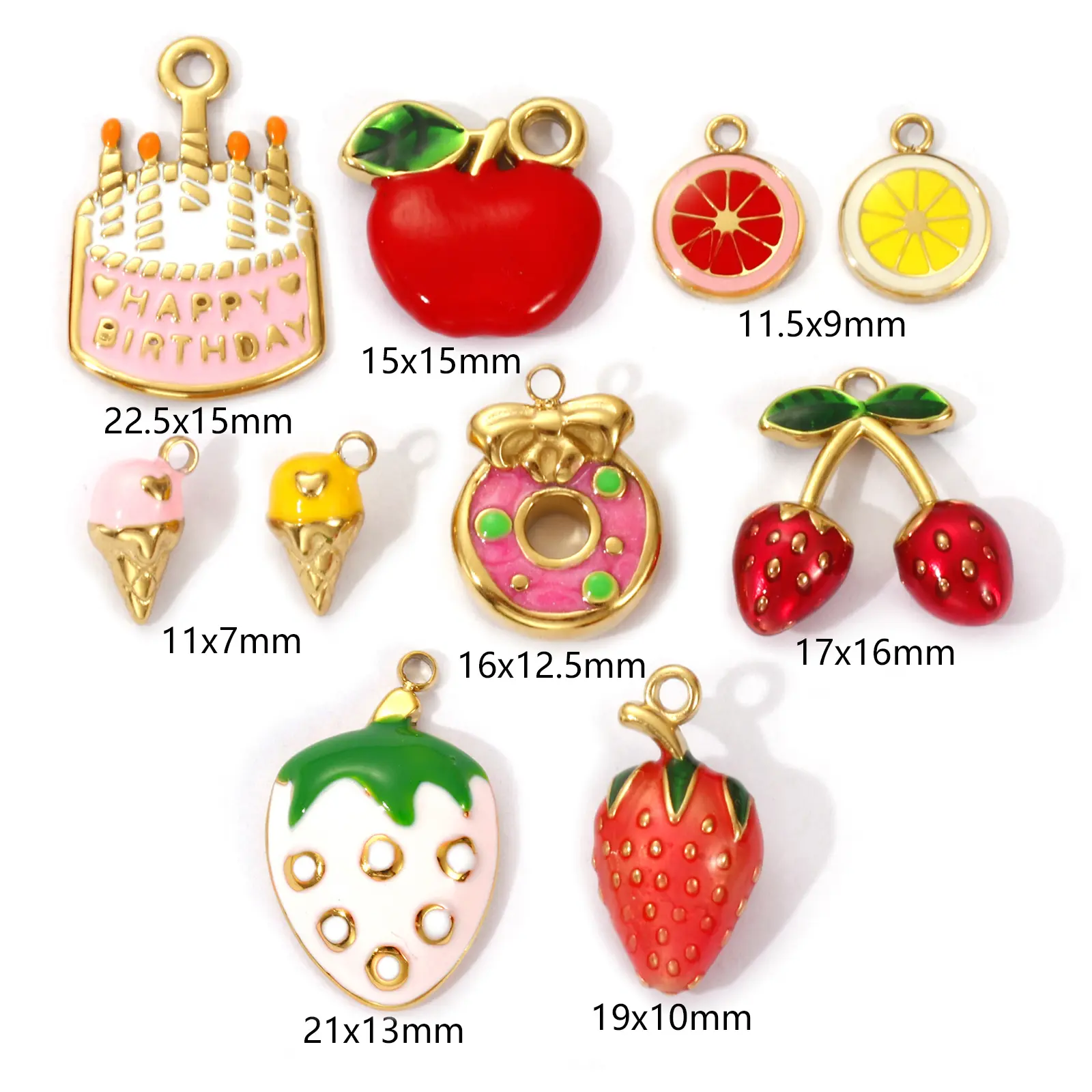 1 Piece 304 Stainless Steel Charms 18K Gold Plated Enamel Cake Fruit Strawberry Doughnut Lemon Apple Pendant For DIY Necklace