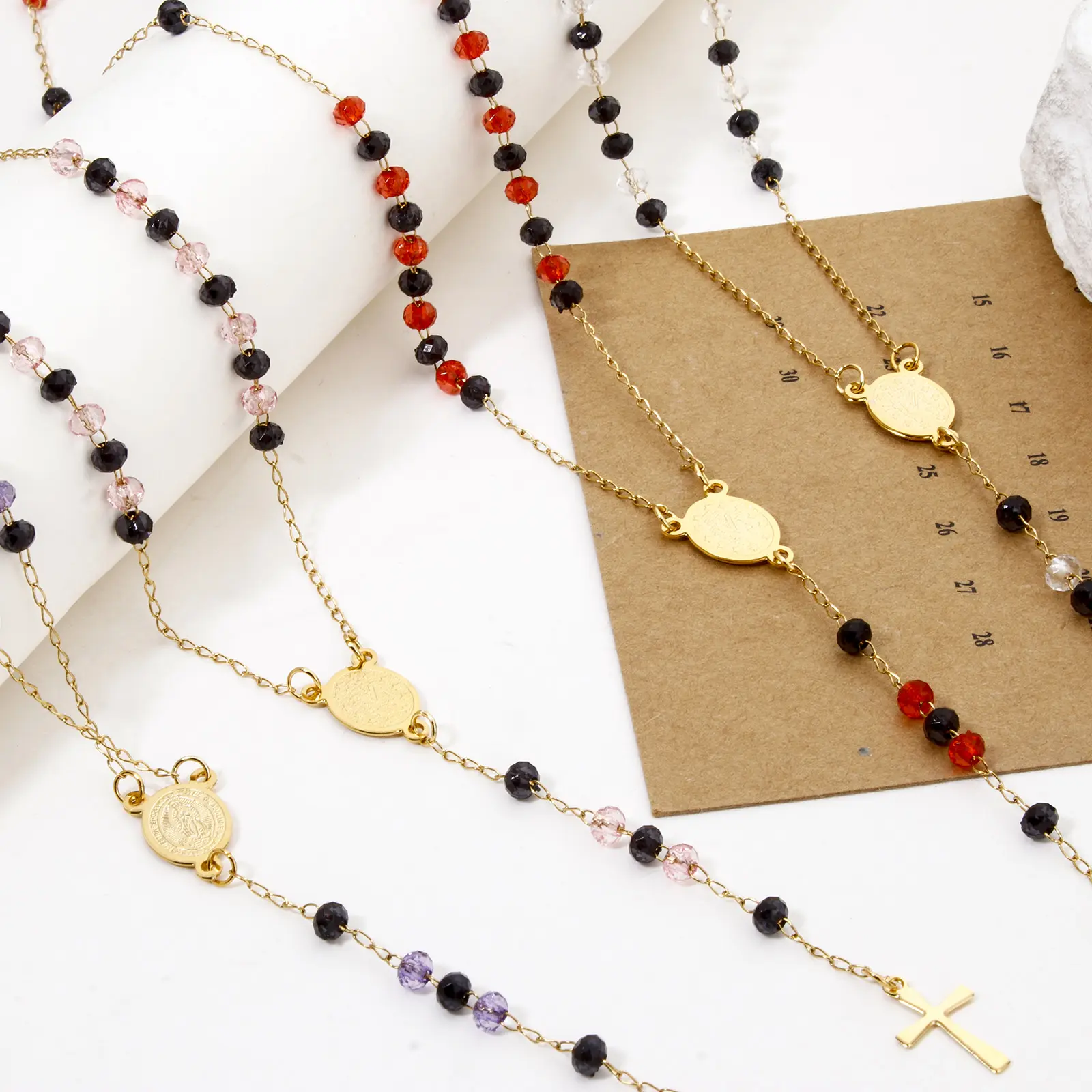 304 Stainless Steel Religious Prayer Beads Rosary Necklace Women Gold Color Cross Virgin Mary Pendants 52cm(20.5") long, 1 Piece