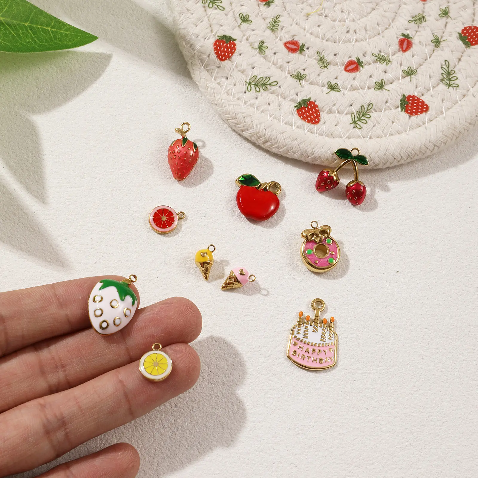 1 Piece 304 Stainless Steel Charms 18K Gold Plated Enamel Cake Fruit Strawberry Doughnut Lemon Apple Pendant For DIY Necklace