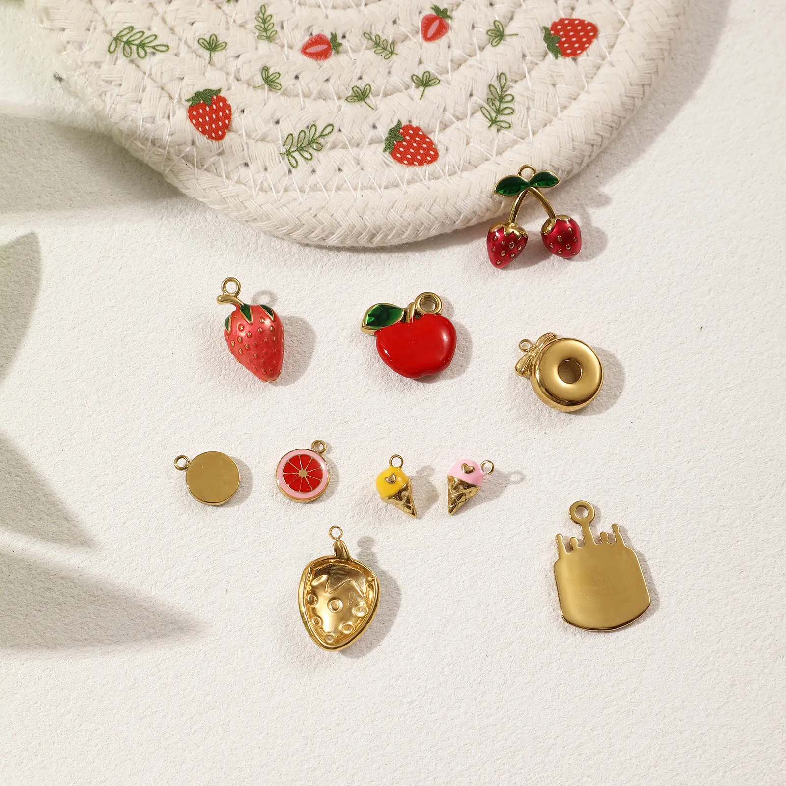 1 Piece 304 Stainless Steel Charms 18K Gold Plated Enamel Cake Fruit Strawberry Doughnut Lemon Apple Pendant For DIY Necklace