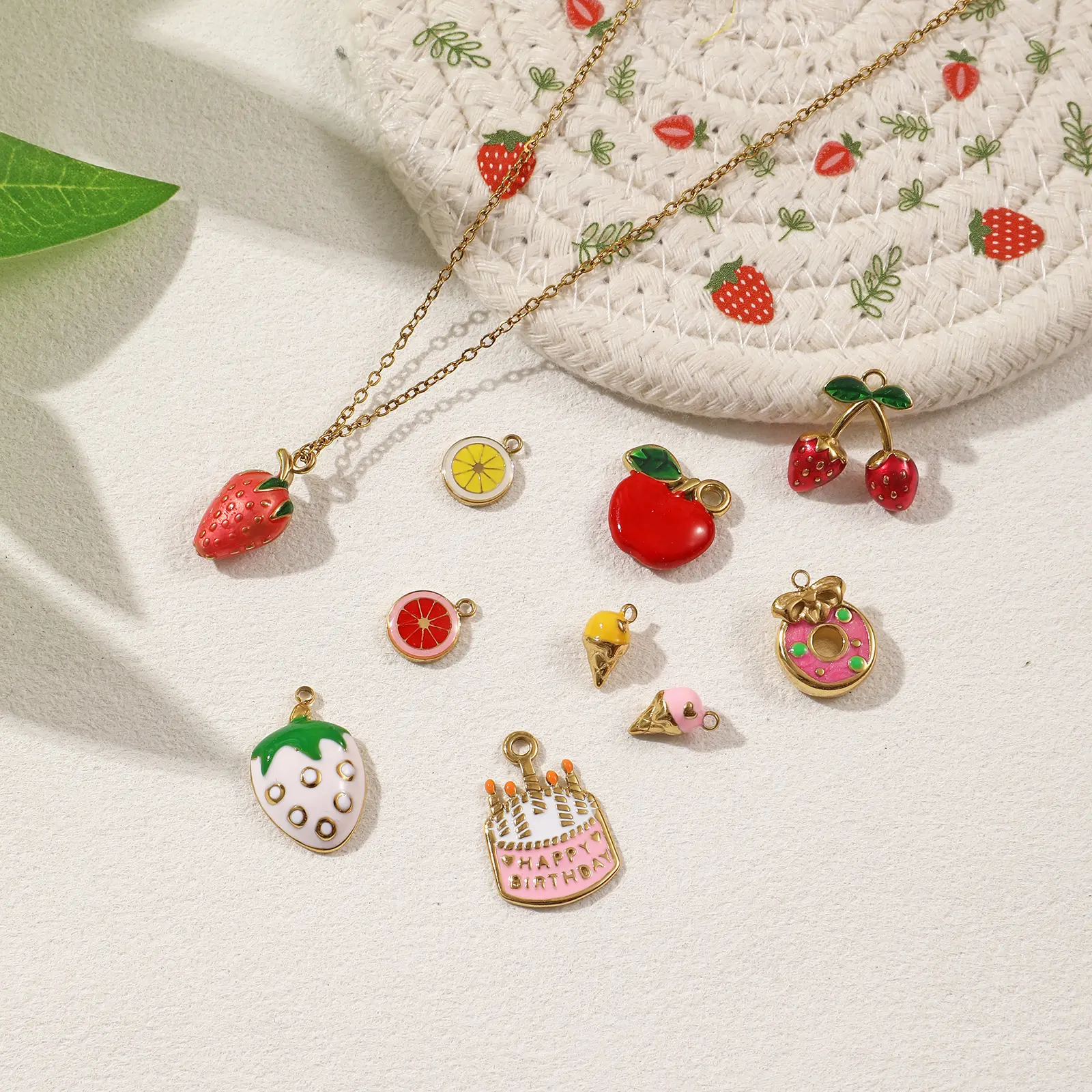 1 Piece 304 Stainless Steel Charms 18K Gold Plated Enamel Cake Fruit Strawberry Doughnut Lemon Apple Pendant For DIY Necklace