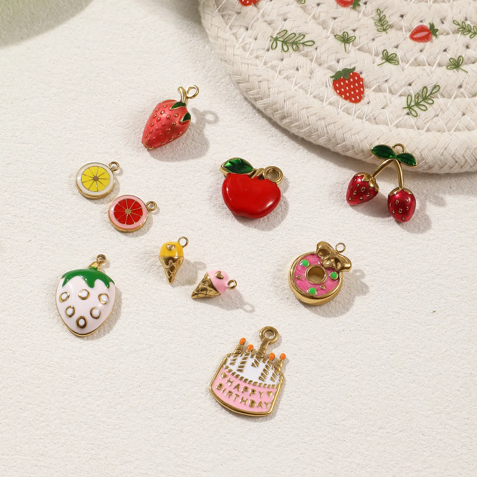 1 Piece 304 Stainless Steel Charms 18K Gold Plated Enamel Cake Fruit Strawberry Doughnut Lemon Apple Pendant For DIY Necklace