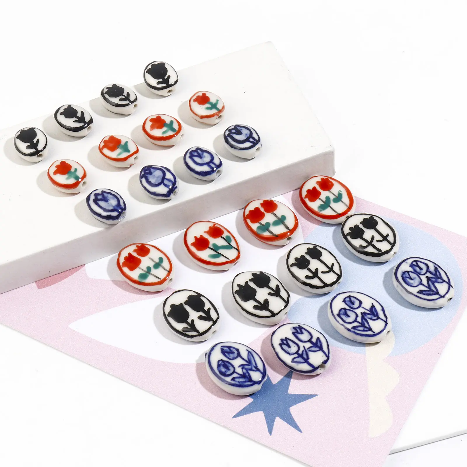 5PCs Ceramic Tulip Flower Beads Oval Spacer Beads For DIY Jewelry Making Bracelets Necklace Findings