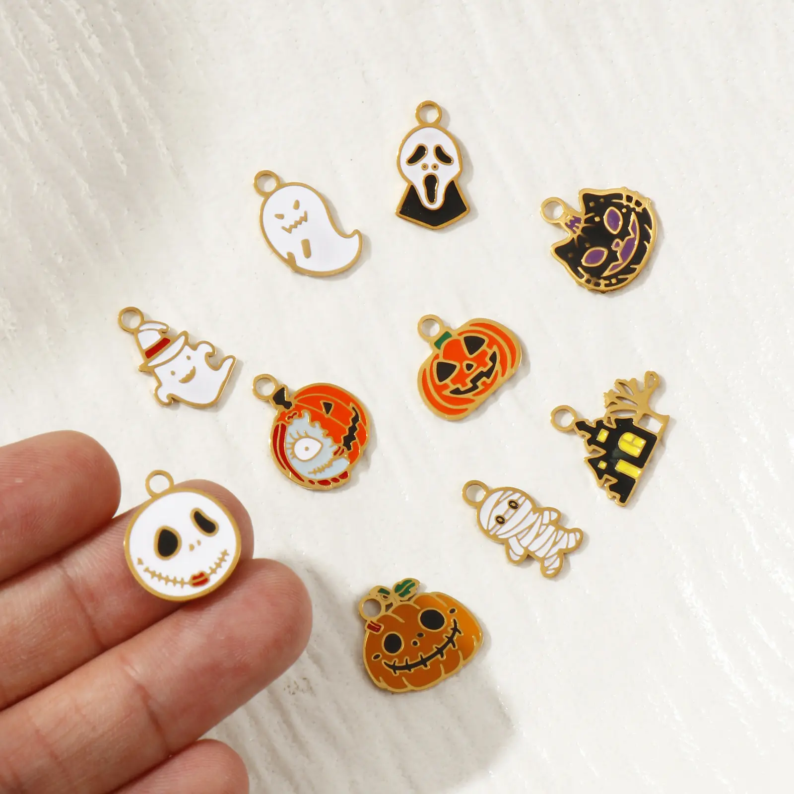 1 Piece 304 Stainless Steel Halloween Charms 18K Gold Plated Enamel Pumpkin Ghost Pendant For DIY Neckalce Jewelry Making