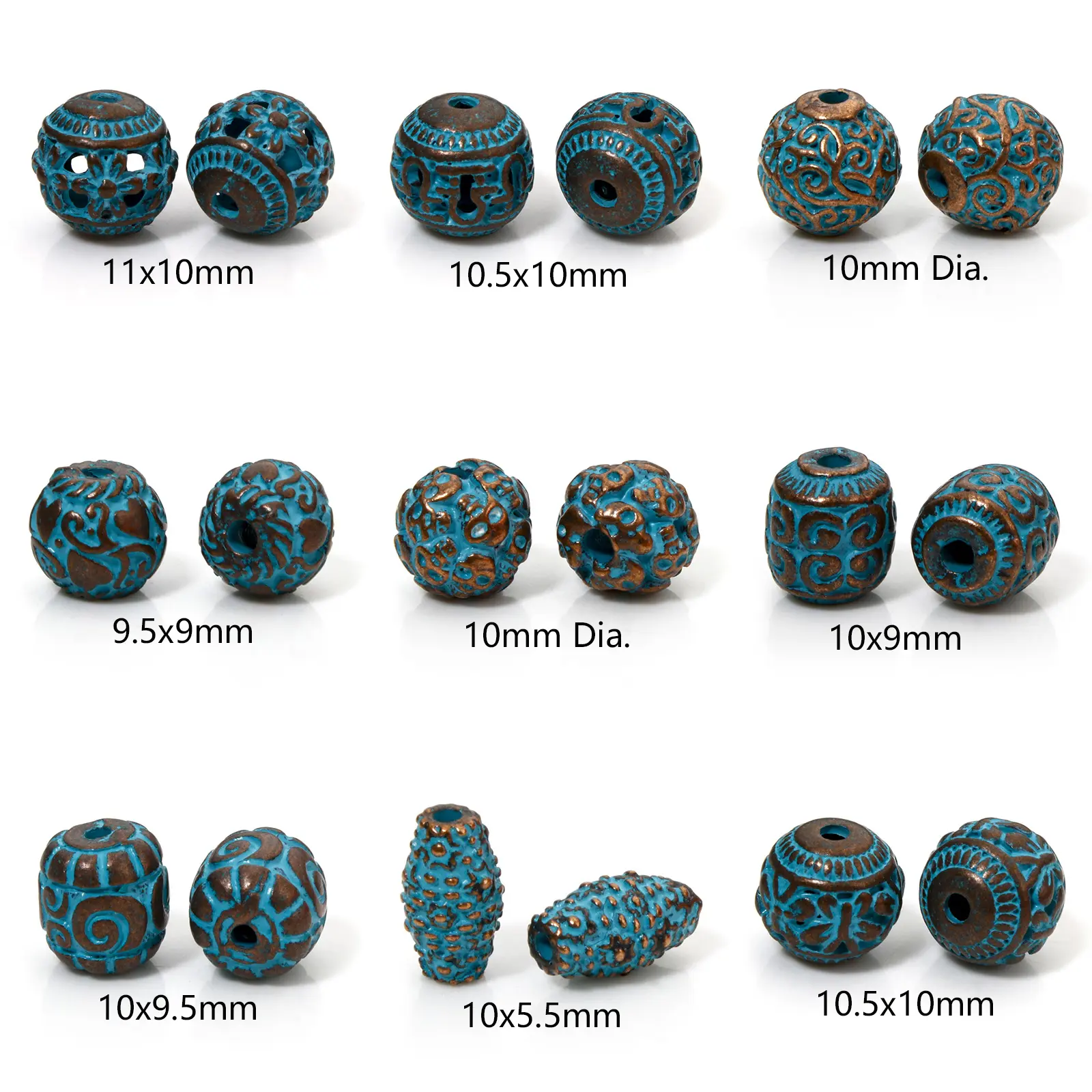 10 PCs Zinc Based Alloy Patina Spacer Beads For DIY Jewelry Making Antique Copper Blue Round Carved Pattern Charm Findings