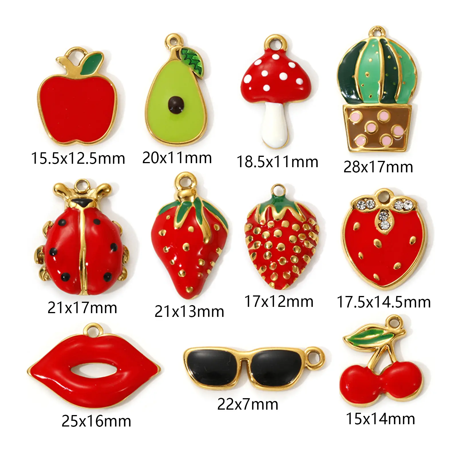 2 Pcs 304 Stainless Steel Charms 18K Real Gold Plated Red Enamel Fruit Mushroom Avocado Apple Strawberry Pendants Necklace DIY