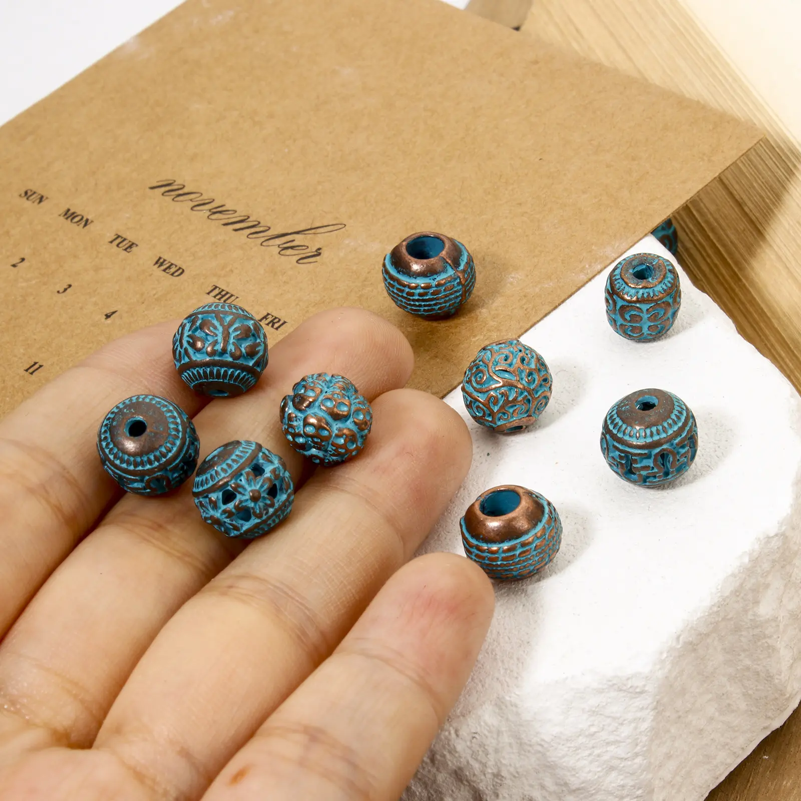 10 PCs Zinc Based Alloy Patina Spacer Beads For DIY Jewelry Making Antique Copper Blue Round Carved Pattern Charm Findings