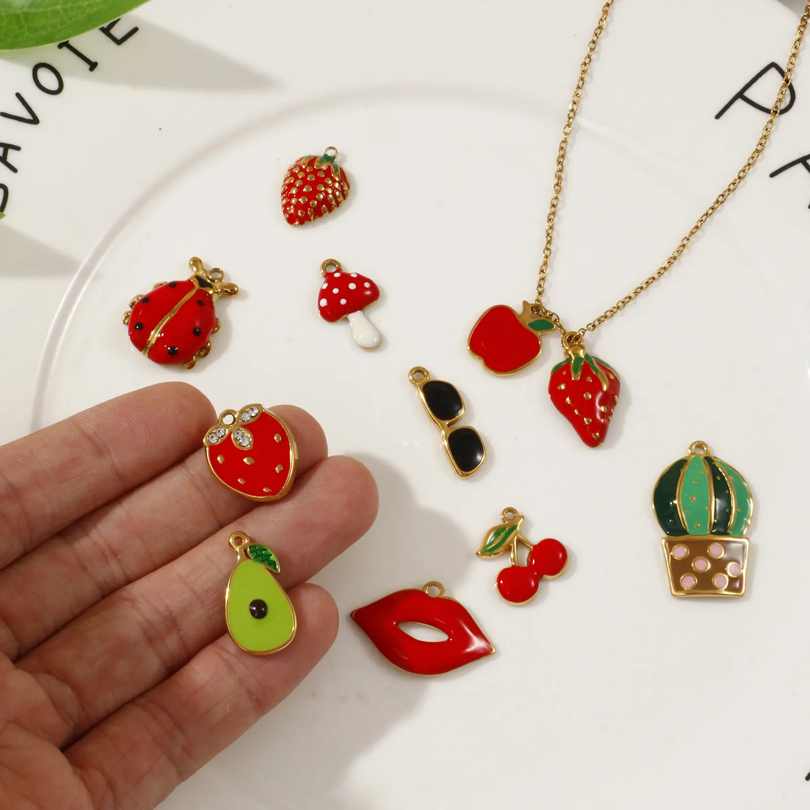 2 Pcs 304 Stainless Steel Charms 18K Real Gold Plated Red Enamel Fruit Mushroom Avocado Apple Strawberry Pendants Necklace DIY
