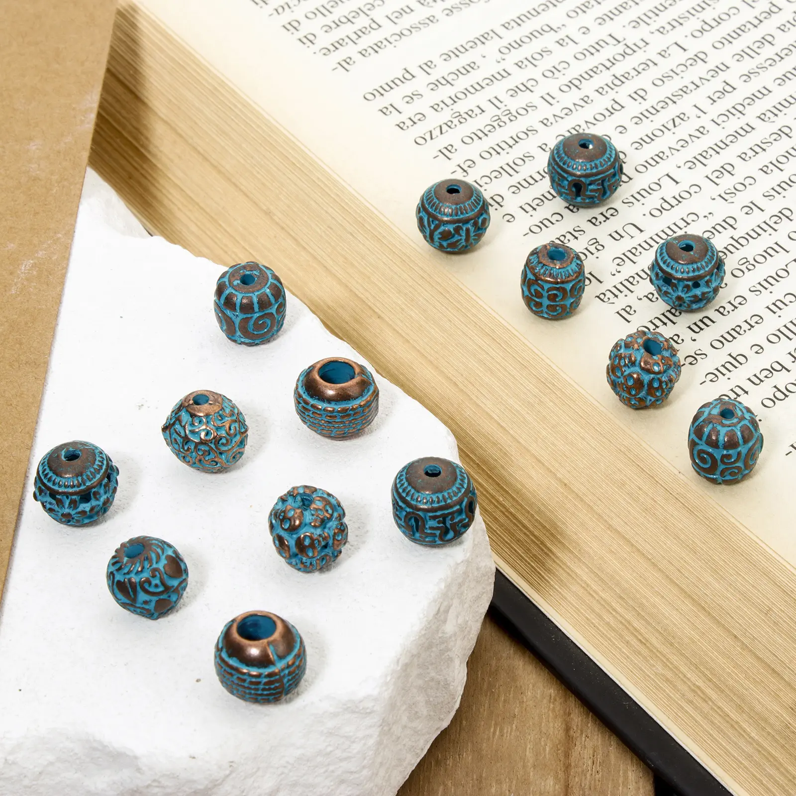 10 PCs Zinc Based Alloy Patina Spacer Beads For DIY Jewelry Making Antique Copper Blue Round Carved Pattern Charm Findings